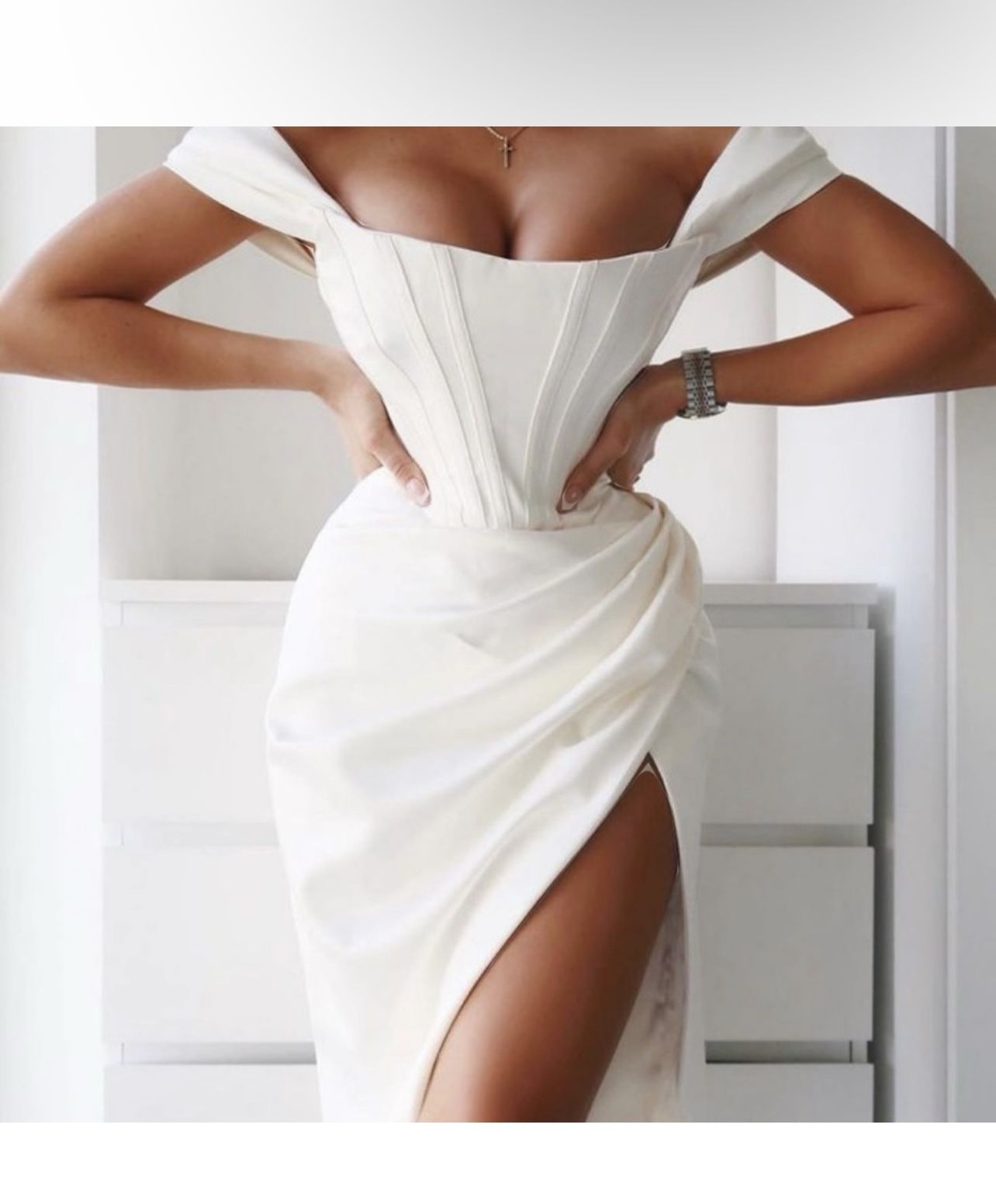 Trendy Unique - Glossy Satin Off the Shoulder Corset Dress