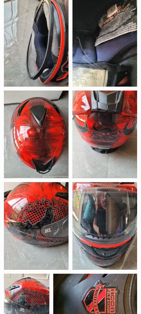 SPEED & STRENTH RUN WITH THE BULLS FULL FACE Motorcycle HELMET RED Large $80.  Comes With Storing Bag.  ICON Gloves Med $35  ICON Suit M-L Ajust $80.