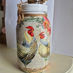 Hand painted and decoupaged jar and wooden spoon set