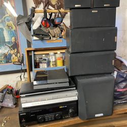 Kenwood surround sound receiver and set of six speakers. Everything works fine. $80 for everything. Also comes with two DVD players and a PlayStation 