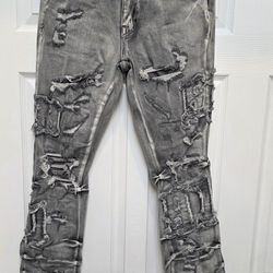 Smoke Rise Flame Rip & Repair Distressed Stacked Flare Fit Denim Jeans 32x36 Men