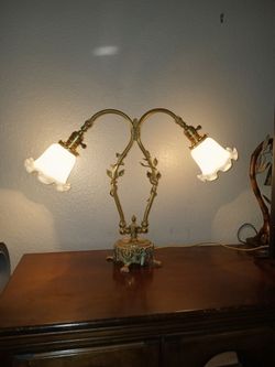 Antique Art Nuevo Or Style Brass Double Lamp
