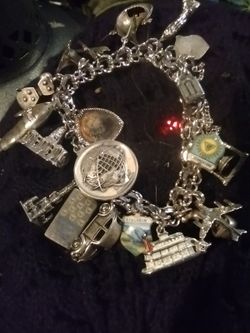 Vintage Sterling Silver Charm Bracelet On Double Link Chain