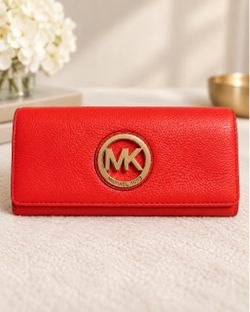 Michael Kors Red Leather Continental Wallet with Gold MK Logo