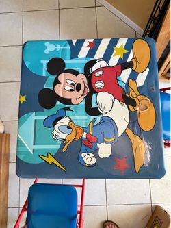 Disney Mickey Mouse & Donald Duck Kids Table & 2 Folding Chairs- top is damaged see pictures!