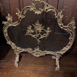 Solid Brass French Rococo Style Cherubs Fireplace Screen BONUS!Comes wBRASS fireplace tools in-pic!