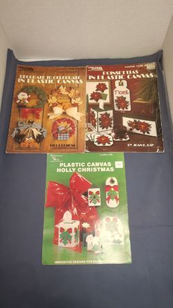 Vintage Plastic Canvas Pattern Books Lot 3 Christmas Holly Poinsettia Holiday