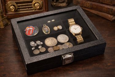 Vintage 1970s Black Faux Leather Glass Display Storage Box, 9x7.5x2”