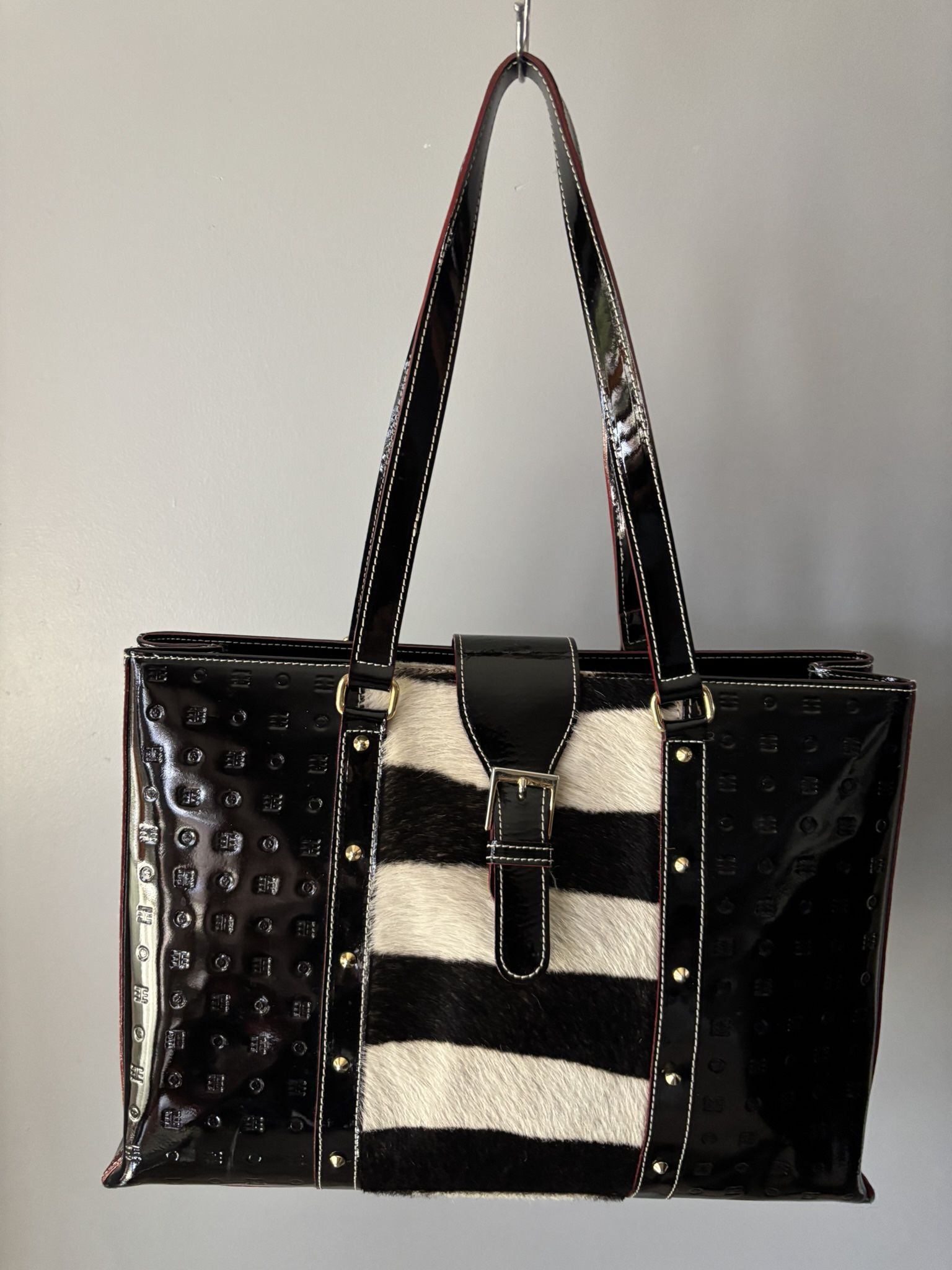 Arcadia Logo Embossed Animal Print Calf Hair Patent Leather Italian Tote