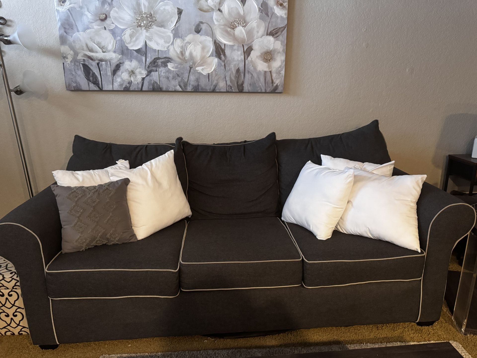 Modern Grey Couch with White Trim — Good Condition — $175