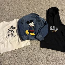 Gap Disney Mickey Mouse Kids Youth 3 Toddler 3t Denim Jean Jacket Unisex + Black Gap Hoodie 3t + FREE Uniqlo Mickey Sweater Sweatshirt 3/4