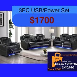 💥FREE DELIVERY💥Brand New POWER, LED, USB  3PC Reclining Sofa Loveseat Chair Set 