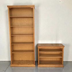 Amish crafted tall  solid wood 6-layer shelf bookcase w/crown molding & baseboard $150;  Solid Oak Short 3-layer Bookcase $50