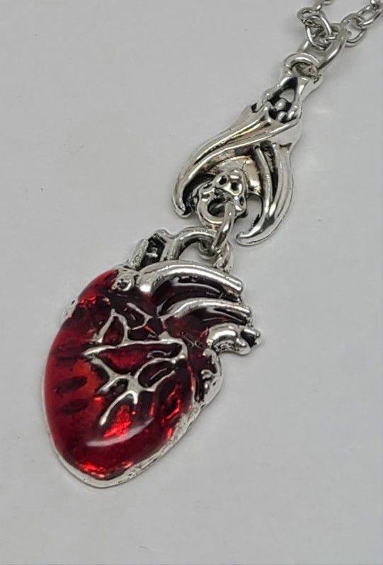 Red And Silver Tone Human Heart 22" Necklace