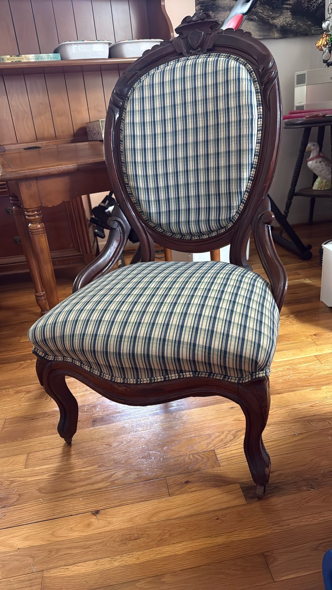 Antique French Tufted Solid Wood Chair Wood Wheels