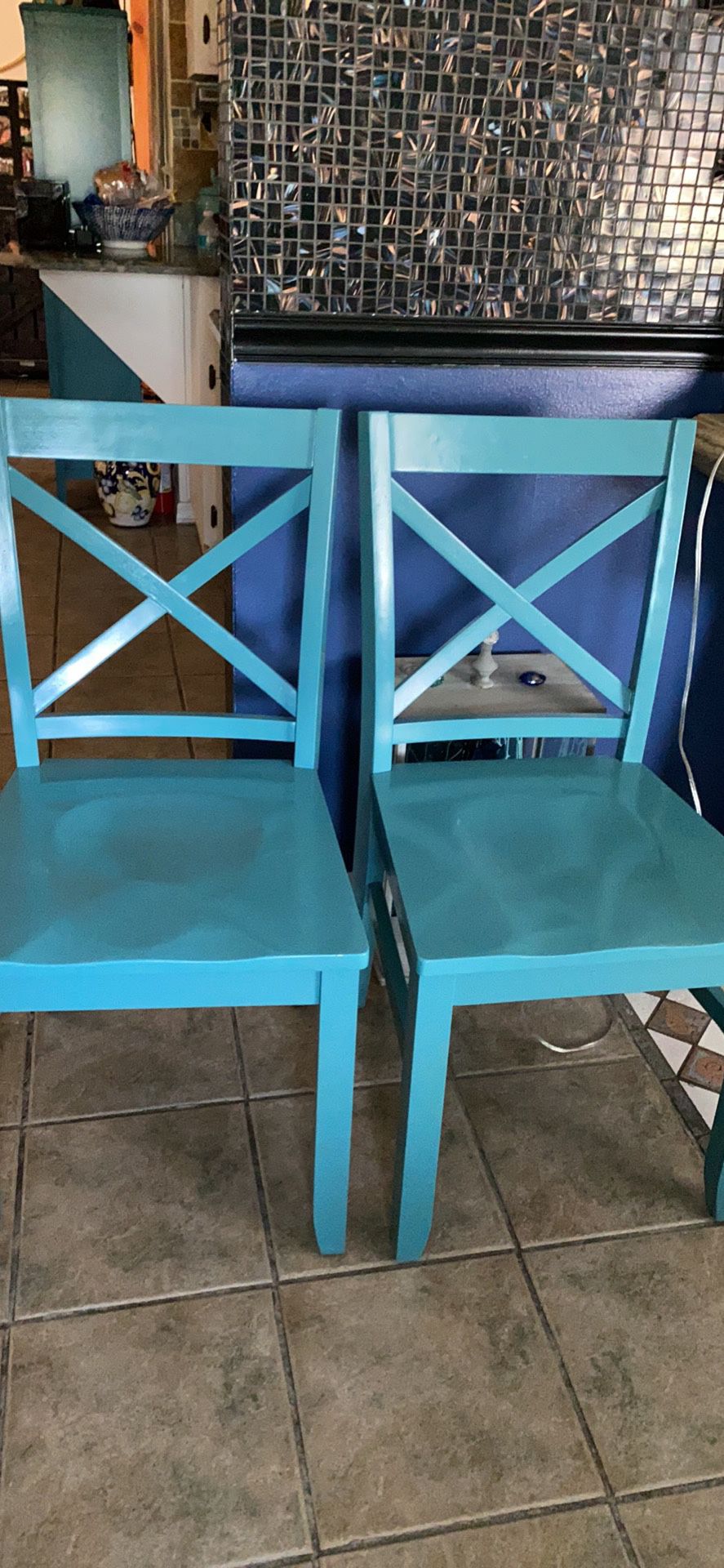 Set of (2) aqua-solid wood- Chairs-$21 each.