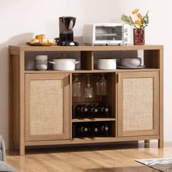 SICOTAS Coffee Bar Cabinet, 51" Rattan Sideboard Buffet Cabinet with Storage, Boho Farmhouse Liquor Cabinet with Wine Racks Credenza Console Table for