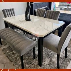 Marble top 6pc dining table set 