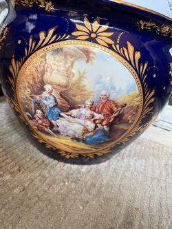 *LIMOGES Porcelain Cobalt Blue Gold Accents Mini Pot Vase Victorian Scene Garden
