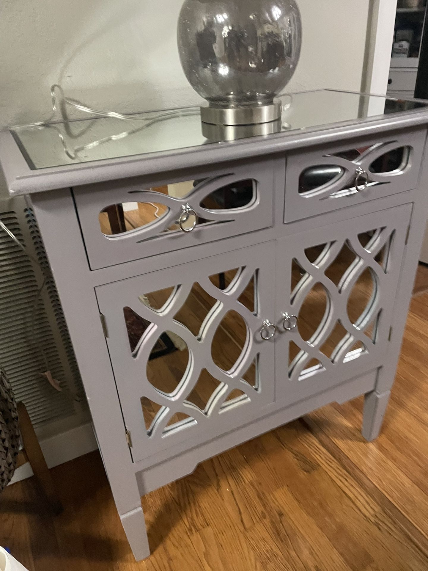 Beautiful gray mirrored cabinet / entry table with mirrored two drawers