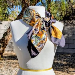 Shiny Paisley Black Gold Ornate Pattern Polyester 35" head Scarf Bandana EUC