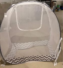 Breathable Crib Canopy Tent with Fine Mesh - Gray Chevron Design for Baby Safety