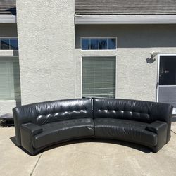 Vintage German Curved Black Leather Couch 