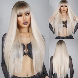 Human hair blend platinum blonde wig
