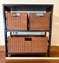 Dark Wood 3-Tier Shelf with Wicker Baskets
