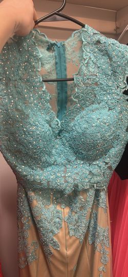 Teal Lace Beaded Formal Gown