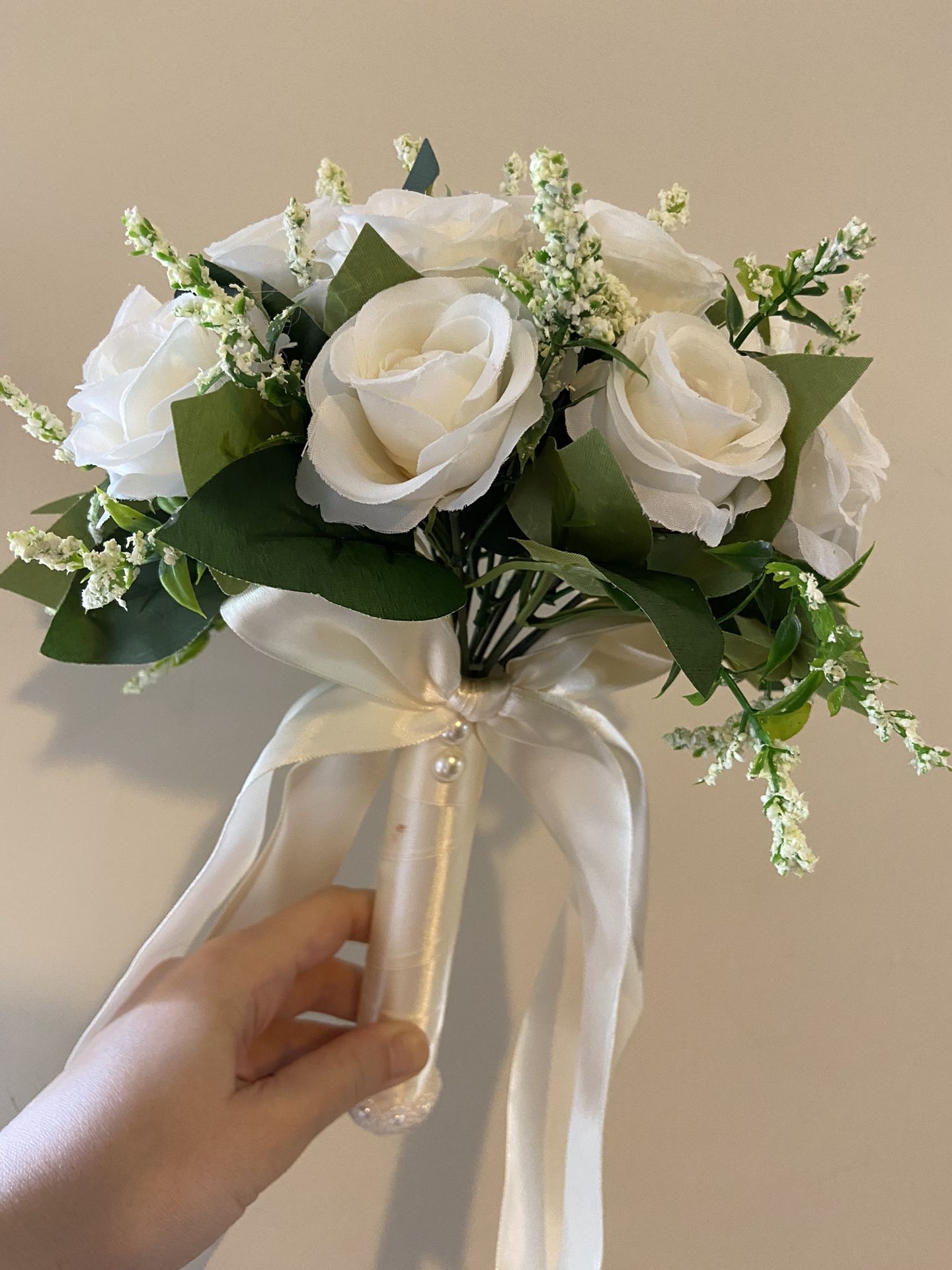 Holding Flowers Artificial Natural Rose Wedding Bouquet with Silk Satin Ribbon Pink White Champagne Bridesmaid Bridal Party Color: white Message me if
