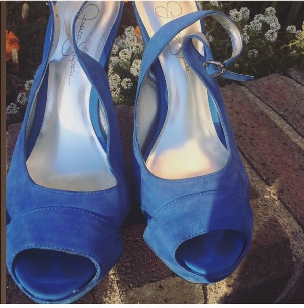 Jessica Simpson Blue Leather Heel Pumps 75 Peep Toe And Sling Back