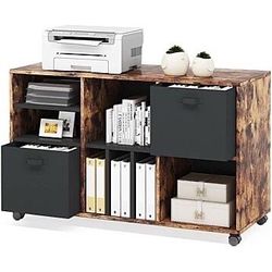 New Rustic Brown Large Mobile Filing Cabinet With 2 Fabric Drawers