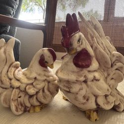 Vintage Ceramic Rooster & Hen Figurines Farmhouse Chicken Decor Set