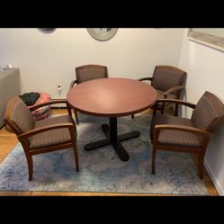 41” L 31” H 4 SOLID CHAIRS  WOOD WITH ROUND TABLE METAL STAND 