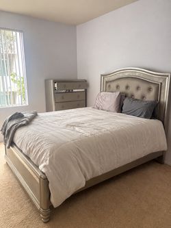 Silver Tufted Upholstered Bed Frame with Dresser