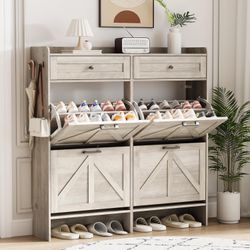 Shoe Cabinet with 4 Flip Drawers & 2 Top Drawers, 43" Tall Freestanding Narrow Wooden Shoe Storage Organizer for Entryway, Hidden Slim Shoe Rack for F