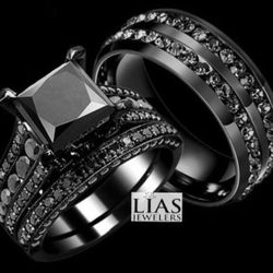 New S925 Black Gunmetal Wedding Ring Set His Hers 