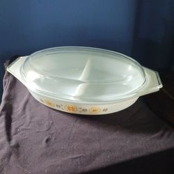 vintage Pyrex Town & Country divided casserole Dish