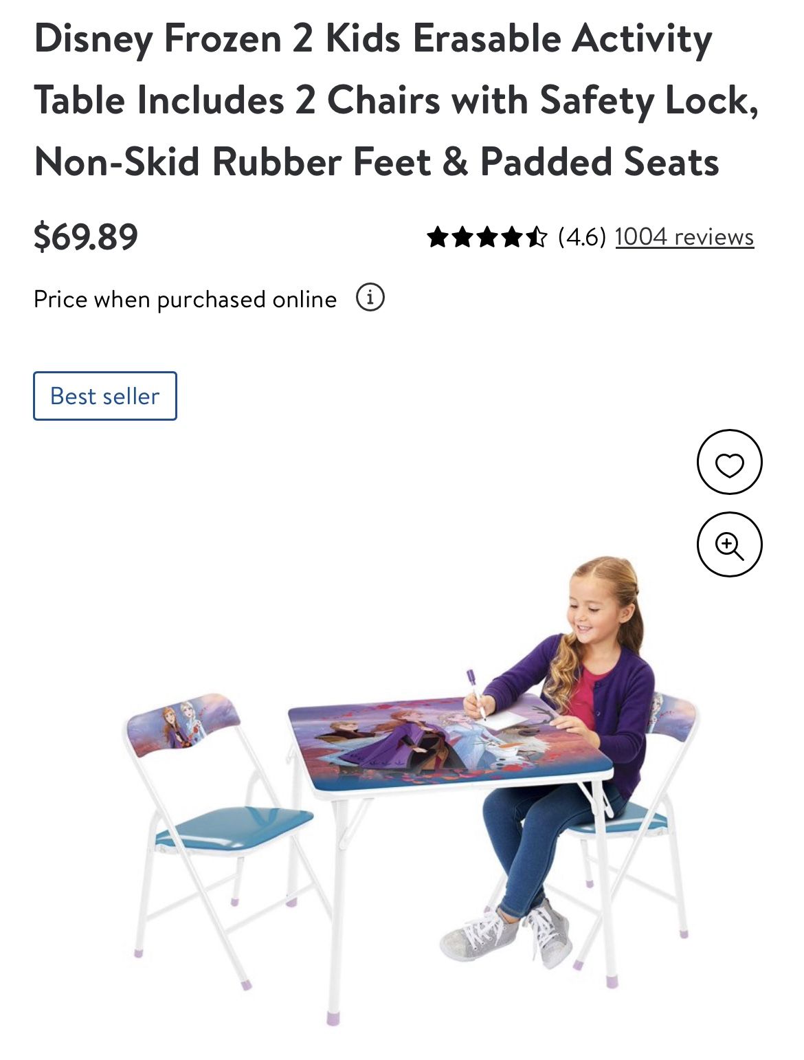 Disney Frozen 2 Kids Erasable Activity Table Includes 2 Chairs with Safety Lock, Non-Skid Rubber Fee