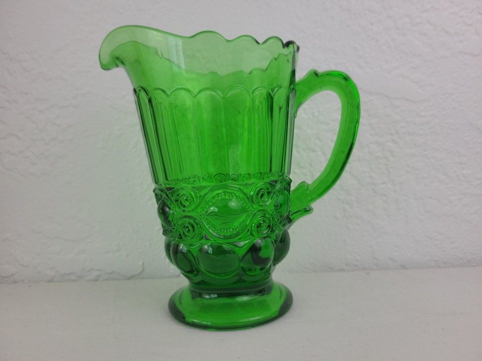 Green Glass Pitcher Mosser Eyewinker 7 1/2" Tall Ice Tea Coffee Lemonade USA Vtg