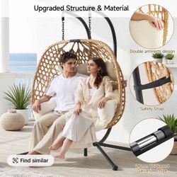 Double Hanging Egg Chair with Stand, Bohemian Knot Style Hammock Swing Chair, Foldable Basket & Denser Weaves, 650 Lbs Capacity Loveseat with UV Resis