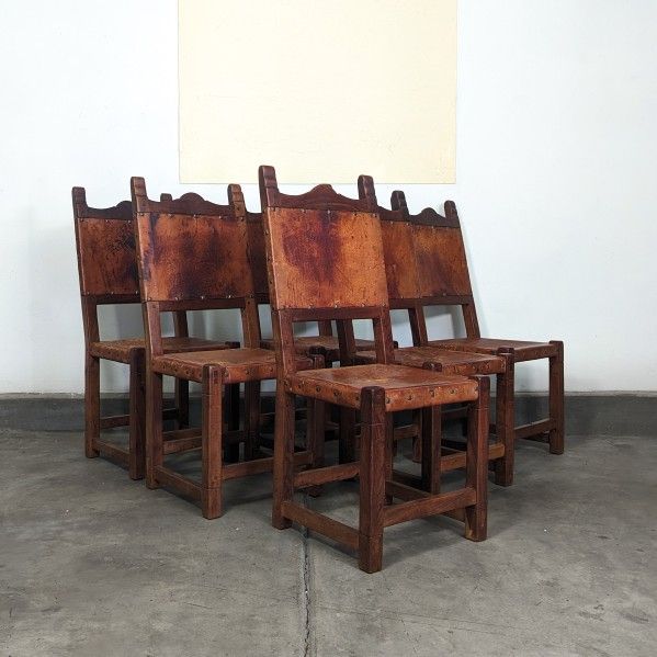 Spanish Hand-Crafted Cognac Studded Leather Dining Chairs