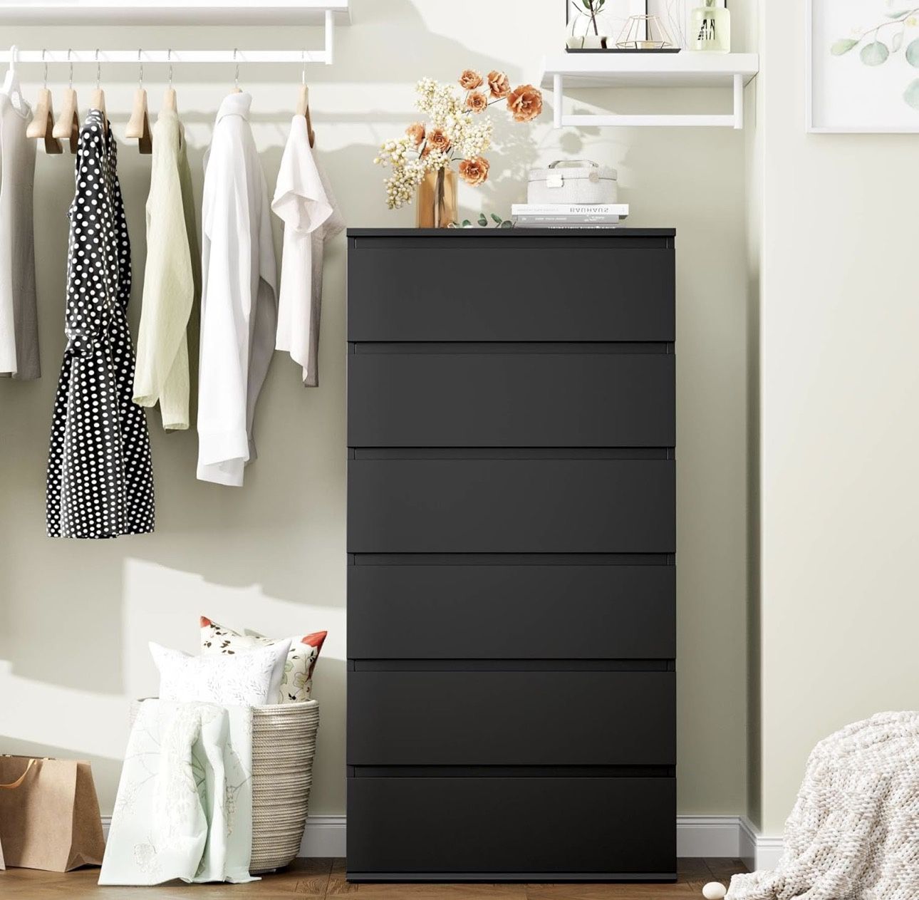 Black Dresser, 6 Drawer Dresser, Modern Tall Black Storage Chest of Drawers Wood Dressers with Metal Sliding Rail, Handleless Drawer Cabinet for Home