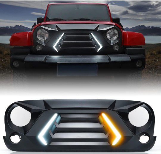 Xprite Front Grill with Turn Signals and Daytime Running Light, Matte Black Grille Compatible with 2007-2018 Jeep