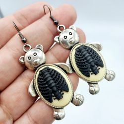 Gothic Lolita Spooky Skeleton Teddy Bear Ribcage Cameo Earrings