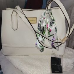 Nanette Lepore White Vegan Leather Shoulder Bag (NEW) with Decorative Scarf Detail