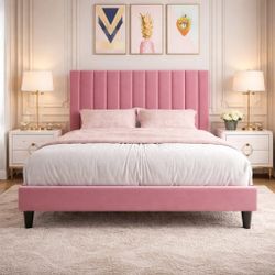 Full Bed Frame/Velvet Upholstered Bed Frame with Vertical Channel Tufted Headboard/Strong Wooden Slats/Mattress Foundation/Box Spring Optiona