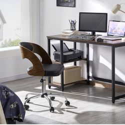 Adjustable Office Chair Armless Desk Chair Walnut Wood Finish Computer Chair Bent Wooden Desk Chair Height Adjustable Swivel Draft Chair with Leather 