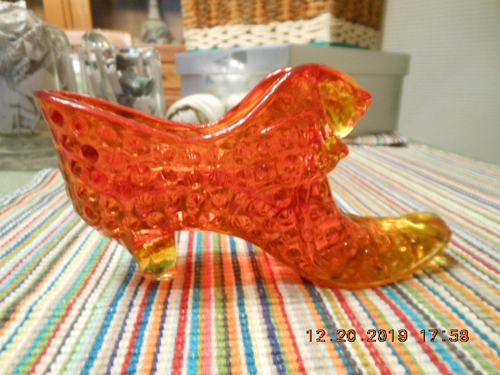 Vintage Fenton Amberina/Orange/Red Glass Hobnail Cat Head Shoe